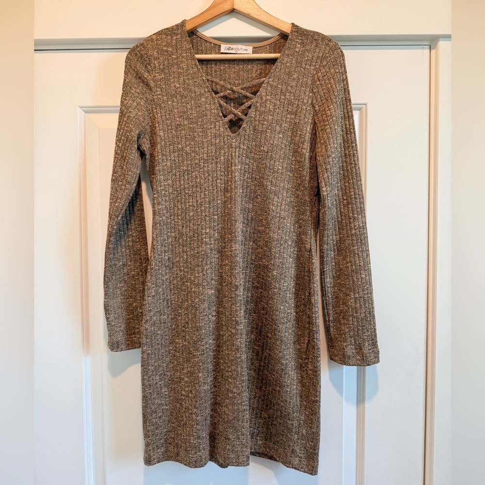 RB Couture Taupe Ribbed Long Sleeve Dress